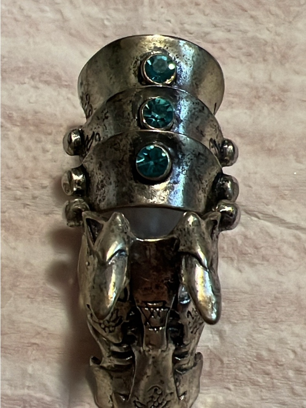 Silver-tone Statement Ring with Teal Crystal Accents